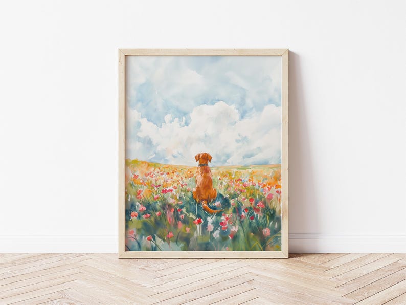May include: A watercolor painting of a dog sitting in a field of colorful flowers. The dog is looking out at a blue sky with white clouds.