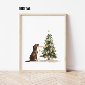 Digital: Watercolor Chocolate Labrador with Christmas Tree Wall Art Chocolate Labrador Wall Art Labrador Dog Art Christmas Holiday Wall Art