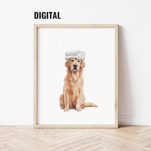 May include: A framed digital print featuring a golden retriever dog sitting upright with a folded white towel balanced on its head. The word DIGITAL is printed in black capital letters above the frame, which is light wood with a white border.