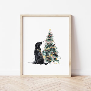 Watercolor Black Labrador with Christmas Tree Wall Art, Black Labrador Wall Art, Labrador Dog Art, Christmas Wall Art, Holiday Art