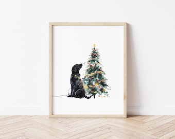 Watercolor Black Labrador with Christmas Tree Wall Art, Black Labrador Wall Art, Labrador Dog Art, Christmas Wall Art, Holiday Art