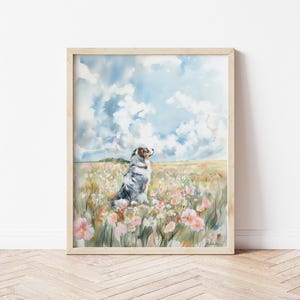 May include: Watercolor painting of a blue merle Australian Shepherd sitting in a field of pink and white flowers. The dog is looking up at the sky, which is blue with white clouds.