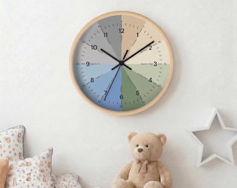 Reloj de pared educativo para niños, reloj de aprendizaje en tonos pastel, rueda de colores, decoración para la habitación infantil.