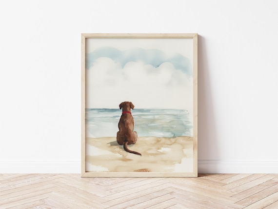 Watercolor Chocolate Labrador Sitting on Beach Art Print Dog Lover Gift Beach House Decor t Pet Memorial Gift Chocolate Lab Gift