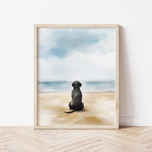 Watercolor Black Labrador Sitting on Beach Art Print Coastal Dog Lover Gift Summer Pet Wall Decor Black Lab Beach Painting Black Lab Art