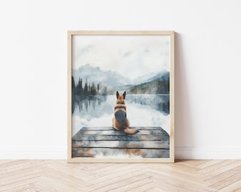 Watercolor German Shepherd Dog Sitting on Wooden Dock Art Nature Inspired Dog Wall Art Dog Swimming In a Lake Wal Art Lake House Decor