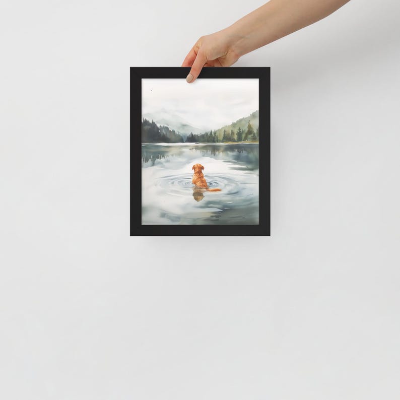 May include: A watercolor painting of a golden retriever dog sitting in a lake, looking out at a misty forest landscape.