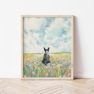 Watercolor Boston Terrier Dog in Flower Field Wall Art Dog Wildflower Art Animal Nature Poster Boston Terrier Decor Boston Terrier Mom Gift