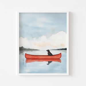 Watercolor Black Lab on a Red Canoe Dog and Lake Wall Art  Canoe Floating on a Lake Dog Wall Art Labrador Dog Art Gift Dog Memorial Gift