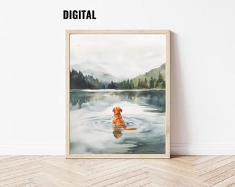 Digital: Acuarela de Golden Retriever, arte de Golden nadando en el lago, arte mural de perro en la naturaleza, arte mural de perro en lago y montaña, amante de los perros