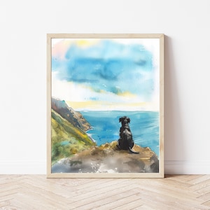 May include: Watercolor painting of a black dog sitting on a cliff overlooking a blue ocean. The sky is a light blue with white clouds. The painting is framed in a light wood frame.
