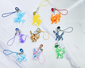 Eevee Evolutions, Glaceon, Flareon, Vaporeon, Umbreon, Sylveon, Espeon, Jolteon, Leafeon Keychain/Charm/Phone Charm in Stained Glass Style