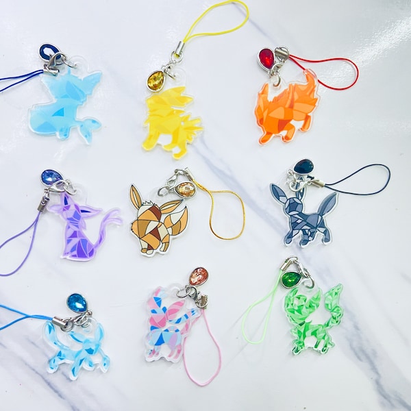 Eevee Evolutions, Glaceon, Flareon, Vaporeon, Umbreon, Sylveon, Espeon, Jolteon, Leafeon Keychain/Charm/Phone Charm in Stained Glass Style