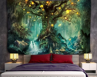 Large Tree With Lantern And Waterfall Tapestry Wall Hanging Bohemian Bedspread