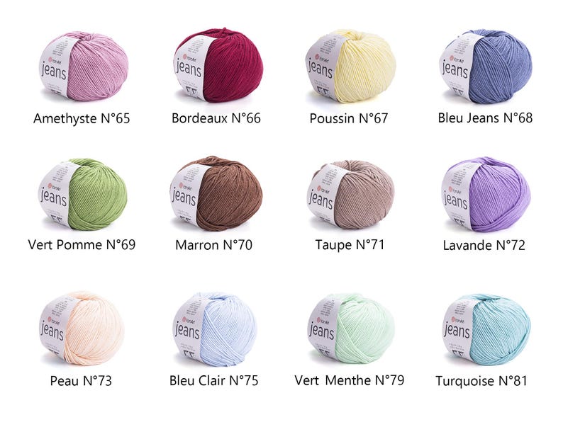 May include: A collection of twelve balls of yarn in various colors, including pink, burgundy, yellow, blue, green, brown, and purple. Each ball has a label that reads "jeans" and a number. Ideal for knitting and crochet projects.