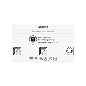 May include: A white label with the word "Jeans" and yarn specifications. The label includes details such as yarn type, weight (50 grams), estimated length (160 meters), and washing instructions.