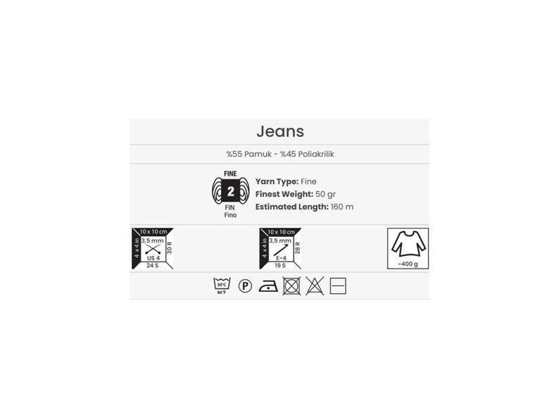May include: A white label with the word "Jeans" and yarn specifications. The label includes details such as yarn type, weight (50 grams), estimated length (160 meters), and washing instructions.