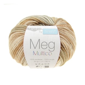 Peut inclure: Pelote de laine Meg Multico aux tons beige, beige clair et marron clair. L'étiquette indique "TRIKO by Trimils" et contient le texte "100% acrylique - 100% acrylic, 50 gr = +/- 130 m". Idéale pour les projets de tricot et de crochet.