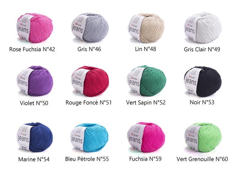 May include: A collection of colorful yarn balls in various shades, including pink, gray, green, and blue. Each ball has a label with the word "jeans" and a color name. Ideal for knitting and crochet projects.