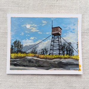 Original Acrylic Painting, Pleasant Mountain Fire Tower, 4x5 inches image 1