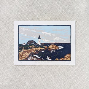 Portland Head Light, Original Linocut Print on Paper, 5x7 inches image 1