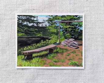 Peinture originale, peinture acrylique sur papier 4 x 5 pouces, paysage, « Five Fingers Campsite, Allagash River »