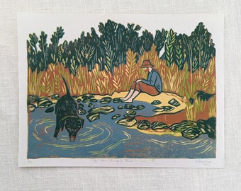 Original Linocut Print, "On the Allagash River", Limited Edition 9 x 12 Multicolor Linocut Print on paper, Original Artwork, Wall Art