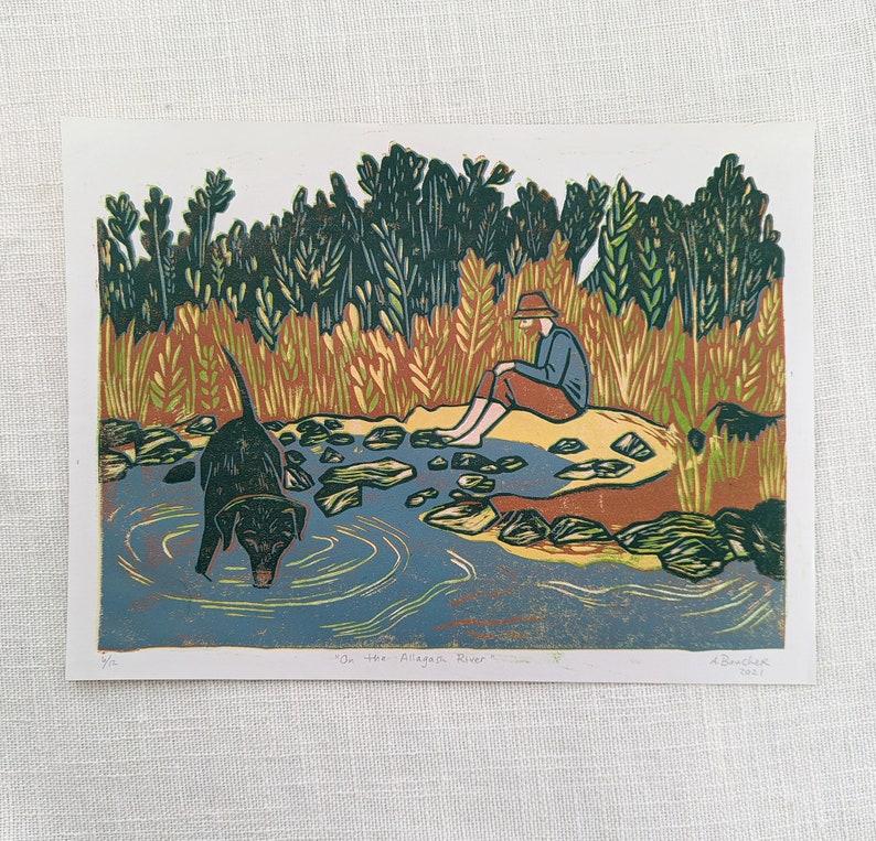 Original Linocut Print, On the Allagash River, Limited Edition 9 x 12 Multicolor Linocut Print on paper, Original Artwork, Wall Art image 1