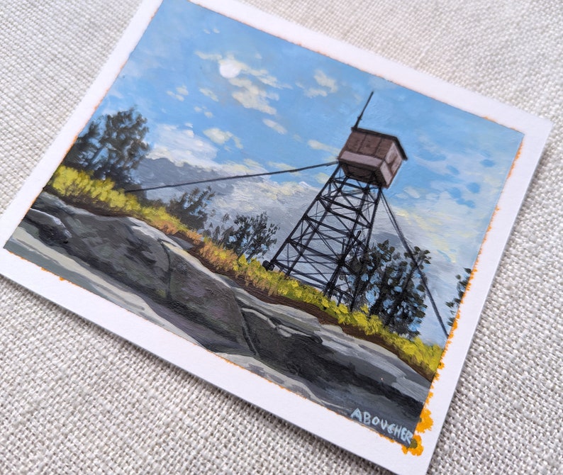 Original Acrylic Painting, Pleasant Mountain Fire Tower, 4x5 inches image 3