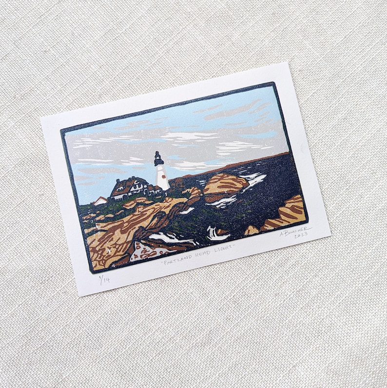 Portland Head Light, Original Linocut Print on Paper, 5x7 inches