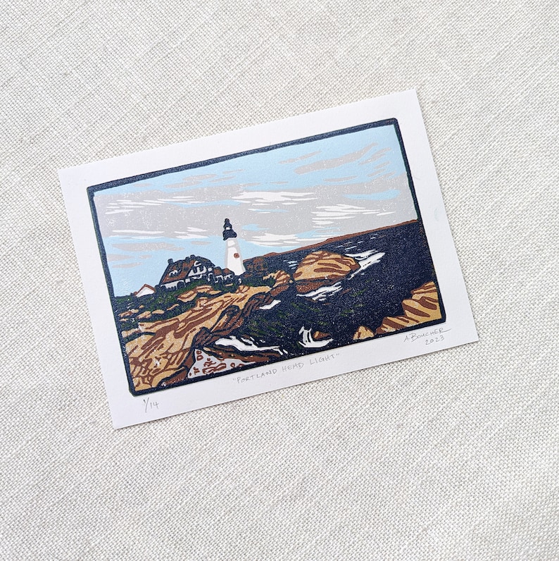 Portland Head Light, Original Linocut Print on Paper, 5x7 inches image 2