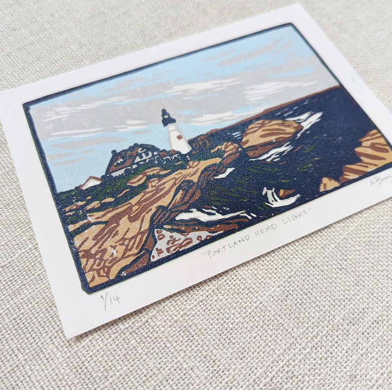 Portland Head Light, Original Linocut Print on Paper, 5x7 inches image 3