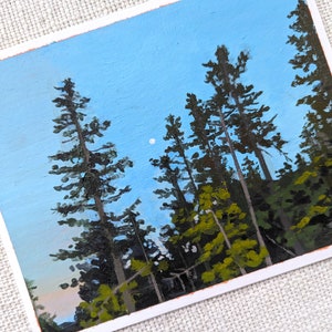 Original Acrylic Painting, Pine Trees at Dusk Painting on Paper, Small Wall Art, 4x5 inches image 2