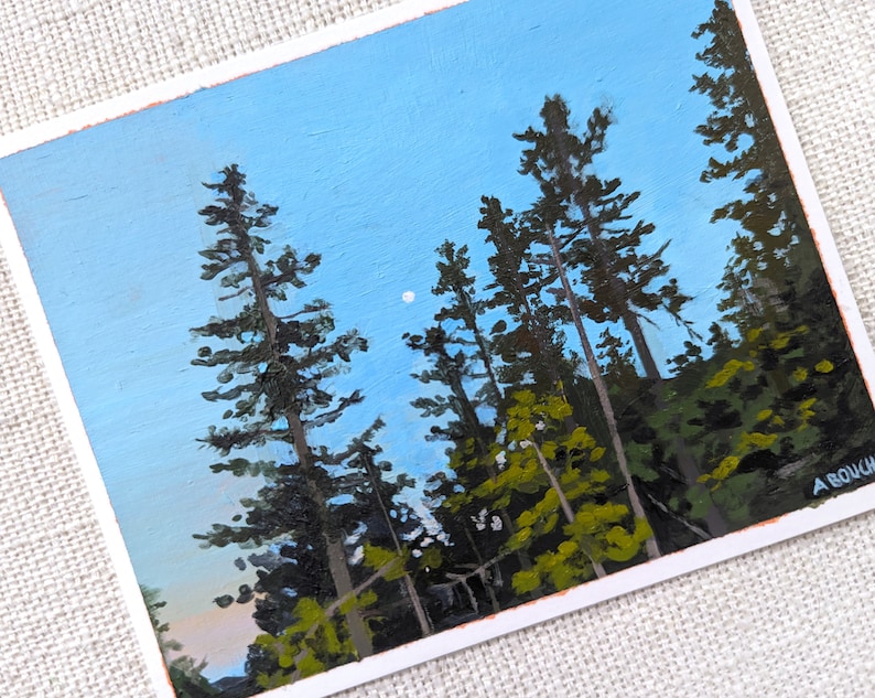 Original Acrylic Painting, Pine Trees at Dusk Painting on Paper, Small Wall Art, 4x5 inches image 2