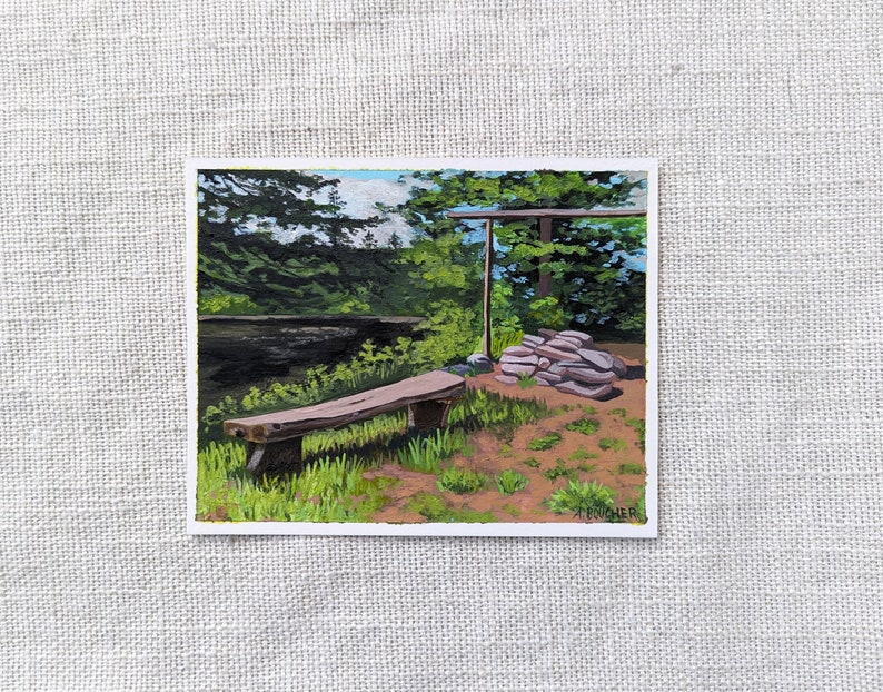 Original Painting, 4x5-inch Acrylic Painting on Paper, Landscape, Five Fingers Campsite, Allagash River image 1