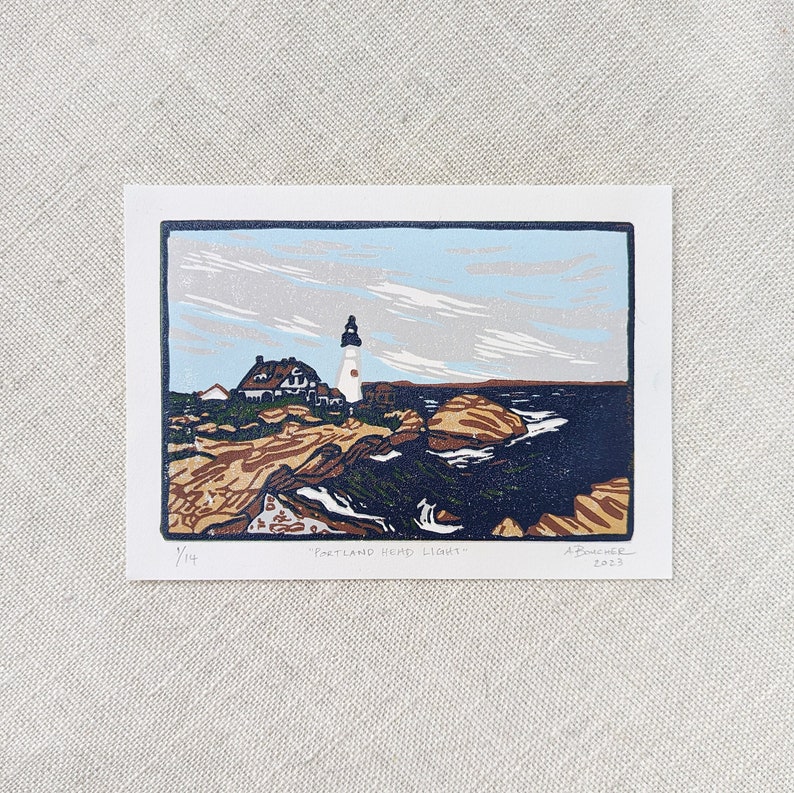 Portland Head Light, Original Linocut Print on Paper, 5x7 inches image 1