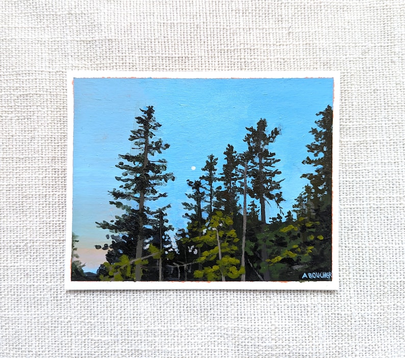 Original Acrylic Painting, Pine Trees at Dusk Painting on Paper, Small Wall Art, 4x5 inches image 3