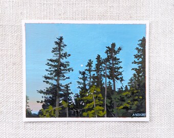 Original Acrylic Painting, Pine Trees at Dusk Painting on Paper, Small Wall Art, 4x5 inches