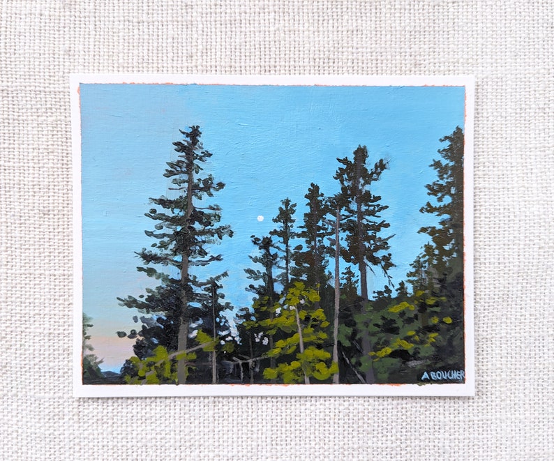 Original Acrylic Painting, Pine Trees at Dusk Painting on Paper, Small Wall Art, 4x5 inches image 1