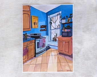 Fine Art Print, Kitchen Scene Artwork on Paper, 11 x 14 inches, Gouache Painting