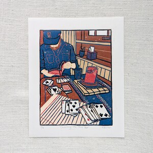 Original Linocut Print - Printed by Hand - &quot;Consulting the Rule Book&quot; - 8x10 inches