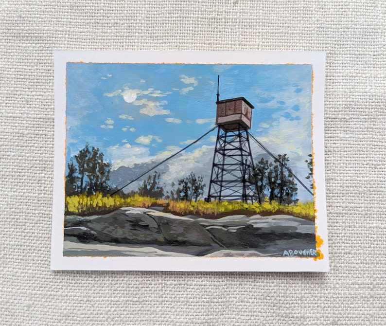 Original Acrylic Painting, Pleasant Mountain Fire Tower, 4x5 inches image 1