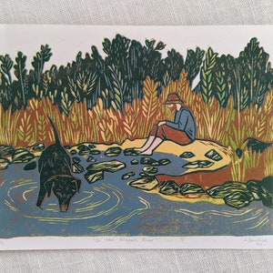 Original Linocut Print, On the Allagash River, Limited Edition 9 x 12 Multicolor Linocut Print on paper, Original Artwork, Wall Art image 3