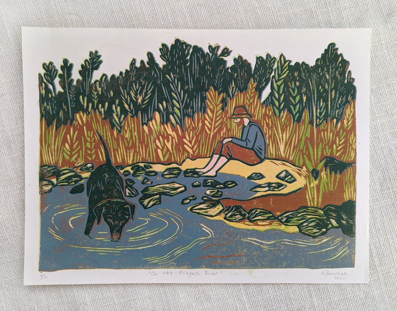 Original Linocut Print, On the Allagash River, Limited Edition 9 x 12 Multicolor Linocut Print on paper, Original Artwork, Wall Art image 3