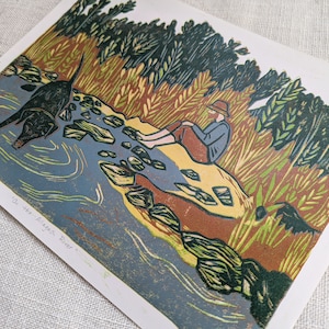 Original Linocut Print, On the Allagash River, Limited Edition 9 x 12 Multicolor Linocut Print on paper, Original Artwork, Wall Art image 2