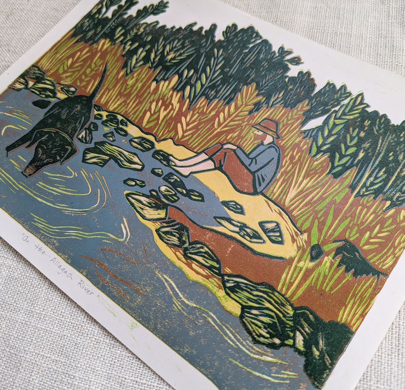 Original Linocut Print, On the Allagash River, Limited Edition 9 x 12 Multicolor Linocut Print on paper, Original Artwork, Wall Art image 2