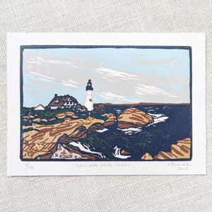 Portland Head Light, Original Linocut Print on Paper, 5x7 inches image 4