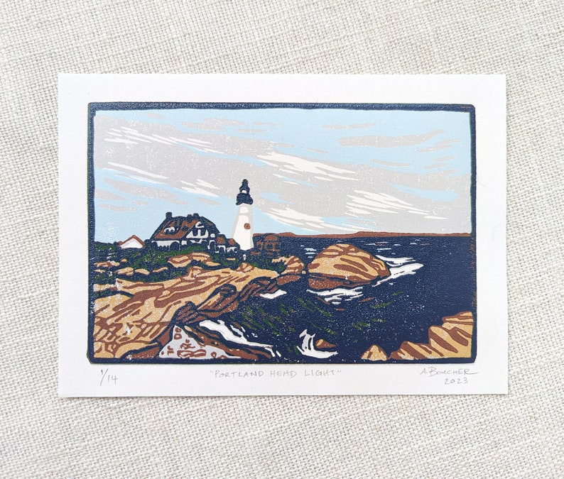 Portland Head Light, Original Linocut Print on Paper, 5x7 inches image 4