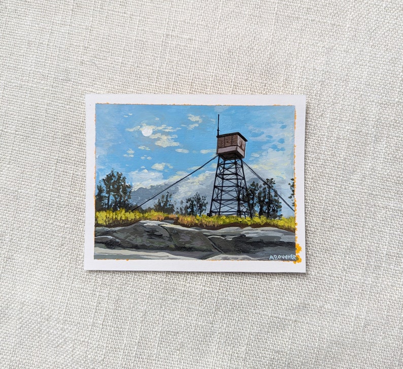 Original Acrylic Painting, Pleasant Mountain Fire Tower, 4x5 inches image 2