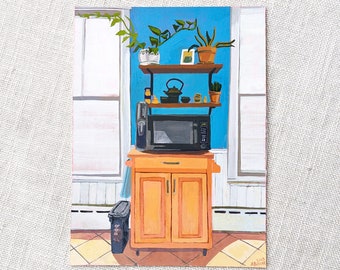 Original Gouache Painting on Paper, Kitchen Painting, Illustration Art, 6x8 inches